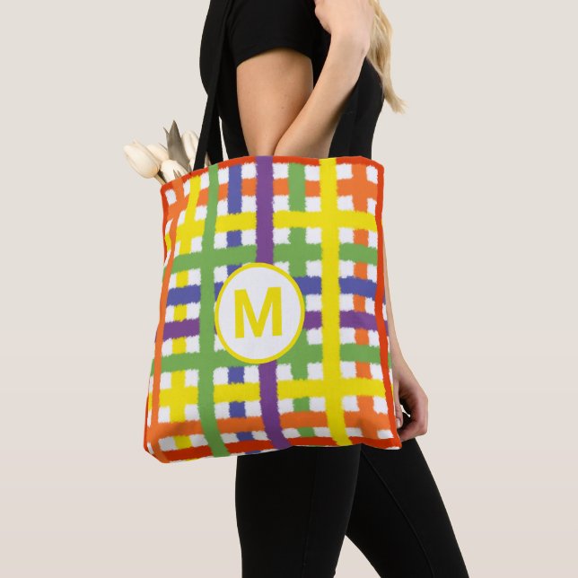 Monogram Letter Summer Beach Fun Rainbow Plaid Tote Bag (Close Up)