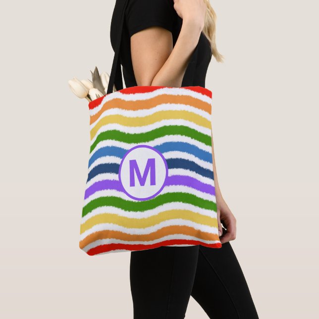 Monogram Letter Summer Beach Fun Rainbow Waves Tote Bag (Close Up)