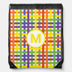 Monogram Letter Summer Fun Rainbow Plaid Drawstring Bag
