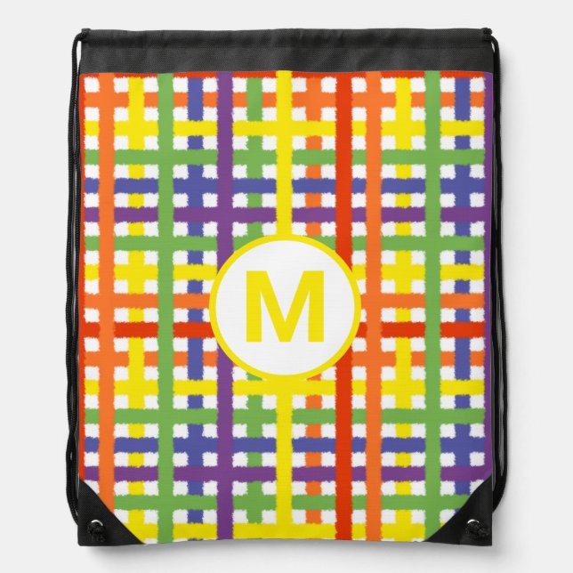 Monogram Letter Summer Fun Rainbow Plaid Drawstring Bag (Front)