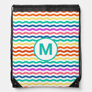 Monogram Letter Summer Fun Rainbow Waves Drawstring Bag