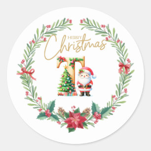 Monogram letter T, Christmas Wreath w/ Santa Claus Classic Round Sticker