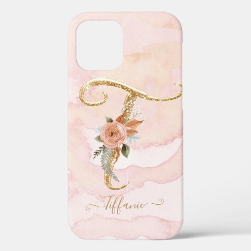 Monogram Letter T Floral  Elegant Watercolor Gold iPhone 12 Case