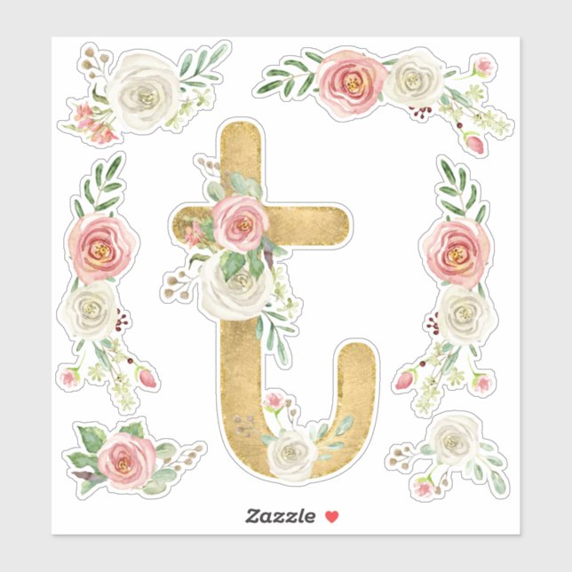 Monogram Letter T Pink Rose Floral Leaf Watercolor Sticker (Sheet)