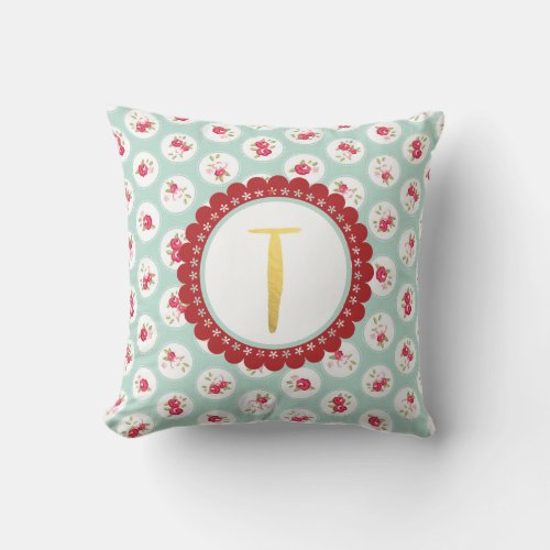 Monogram LETTER T Turquoise Red Country Floral Throw Pillow