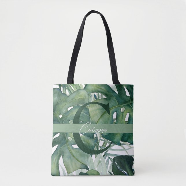 Monogram Letter Tropical Leaves Monstera Greenery Tote Bag (Front)