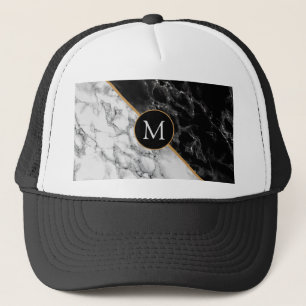 Monogram Letter Trucker Hat Black White Marble