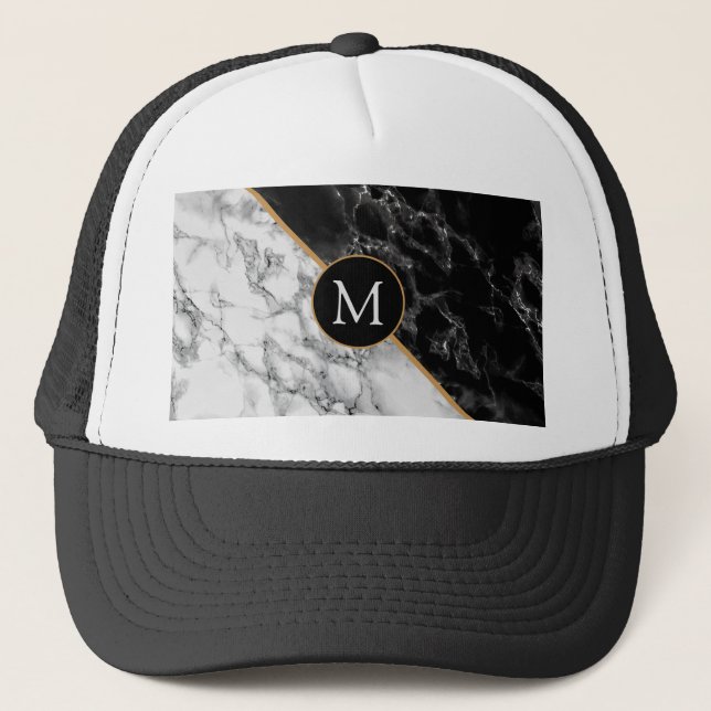 Monogram Letter Trucker Hat Black White Marble (Front)