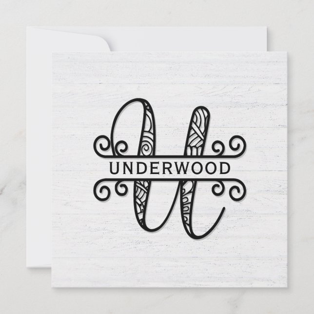 Monogram Letter U with Family Name Note Card (Front)