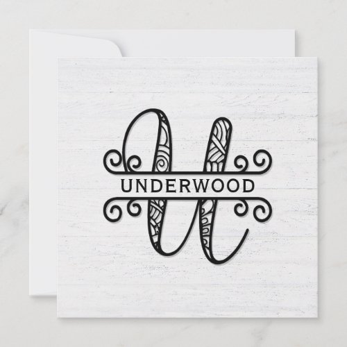 Monogram Letter U with Family Name Note Card