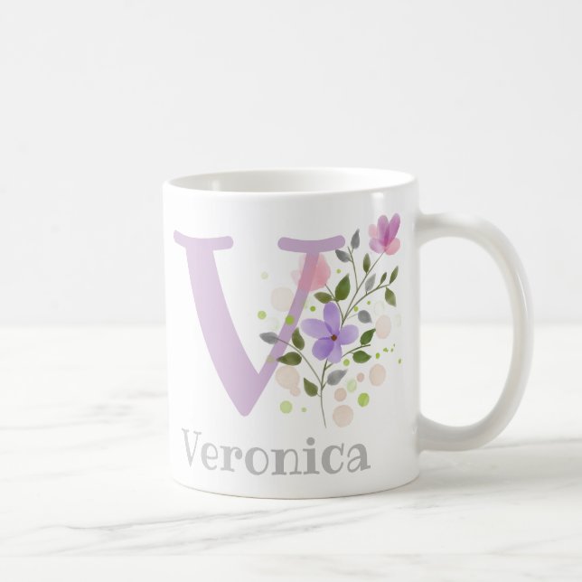 Monogram Letter V & Christian Name Veronica Coffee Mug (Right)