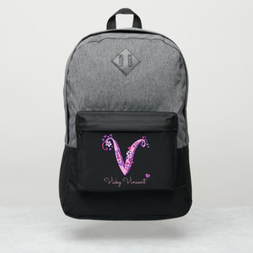 Monogram letter V hearts flower custom name Port Authority Backpack