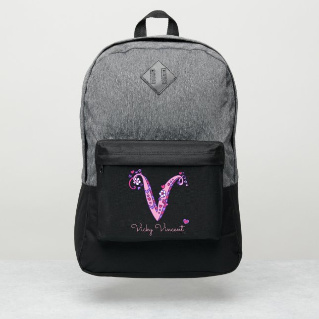 Monogram letter V hearts flower custom name Port Authority® Backpack (Front)