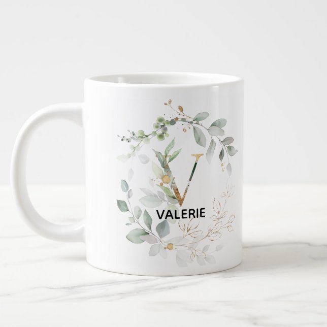 Monogram Letter V Initial Green Leaf Wreath Giant Coffee Mug (Left)