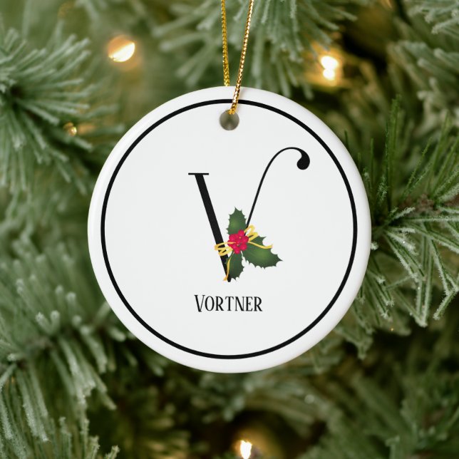 Monogram Letter V Personalized Christmas Ceramic Ornament (Tree)