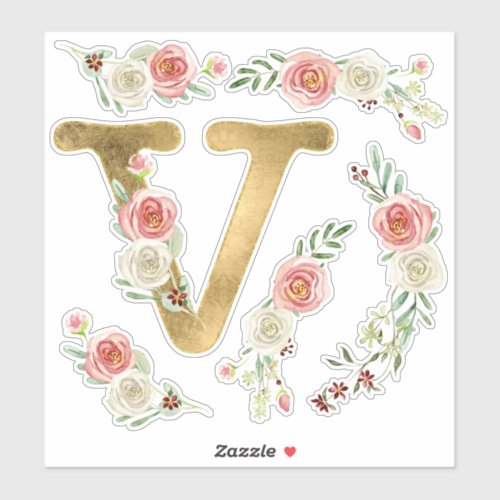 Monogram Letter V Pink Rose Floral Leaf Watercolor Sticker