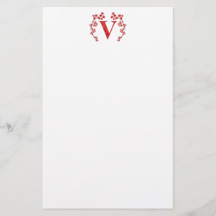 Monogram Letter V Red Leaves Stationery