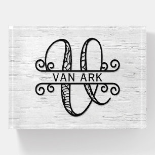 Monogram Letter V with Family Name Paperweight