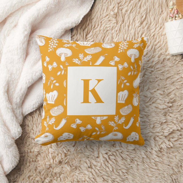 Monogram Letter Vintage Cooking Pattern Chef Baker Throw Pillow (Blanket)