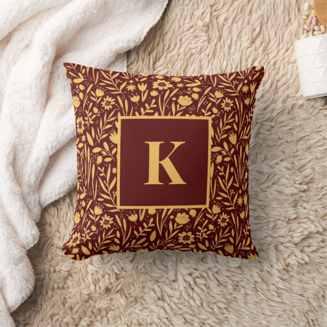 Monogram Letter Vintage Wildflower Leaves Pattern Throw Pillow (Blanket)