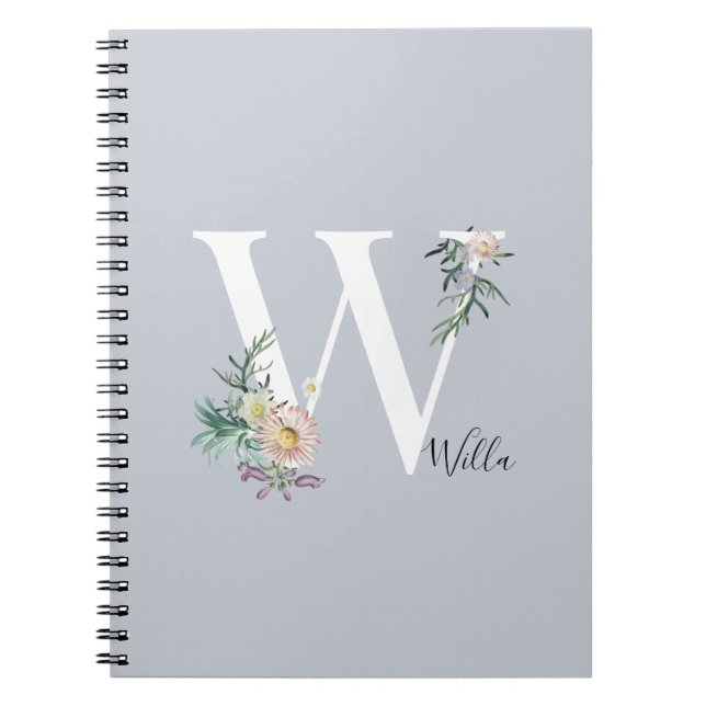 Monogram Letter W Floral Personalized Notebook (Front)