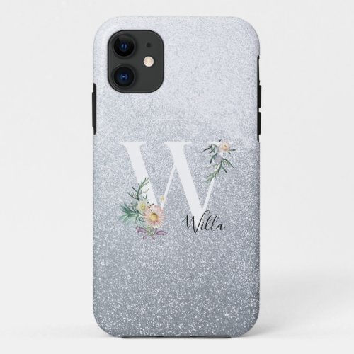 Monogram Letter W Floral Silver Glitter Custom iPhone 11 Case