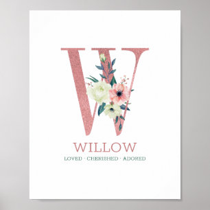 Monogram Letter W Pink Watercolor Floral Nursery Poster