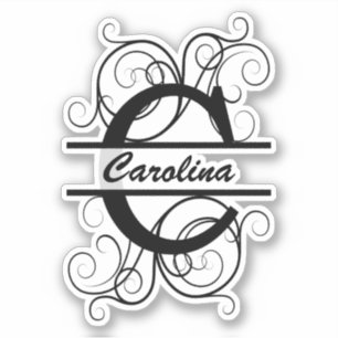 Monogram letter with swirls ; space for your name sticker