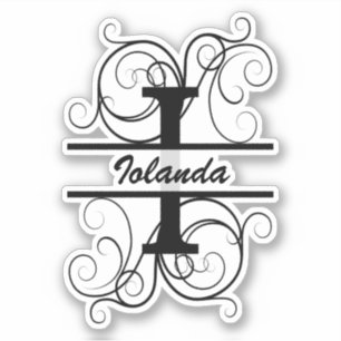 Monogram letter with swirls ; space for your name sticker
