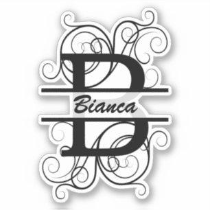Monogram letter with swirls ; space for your name sticker