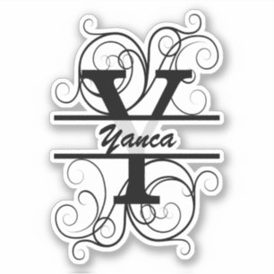 Monogram letter with swirls ; space for your name sticker