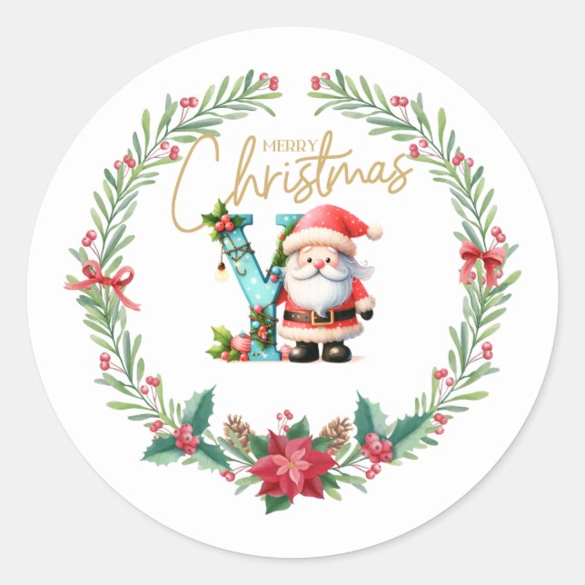 Monogram letter Y, Christmas Wreath w/ Santa Claus Classic Round Sticker (Front)
