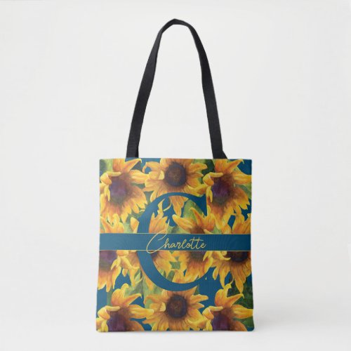 Monogram Letter Yellow Sunflowers Watercolor  Tote Bag
