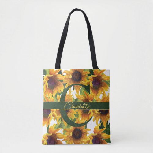 Monogram Letter Yellow Sunflowers Watercolor  Tote Bag