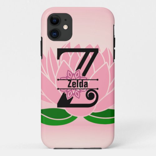 Monogram Letter Z Pink Lotus Add Custom Name iPhone 11 Case
