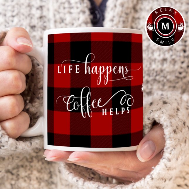 Monogram, Life Happens Coffee Helps, Plaid Coffee Mug (Creator Uploaded)