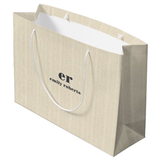 Monogram Light Beige Burlap Gray Typography Large Gift Bag (Back Angled)