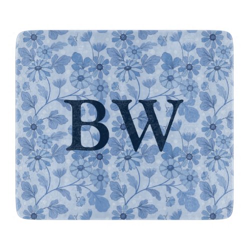 Monogram Light Blue and Navy Floral Pattern Cutting Board