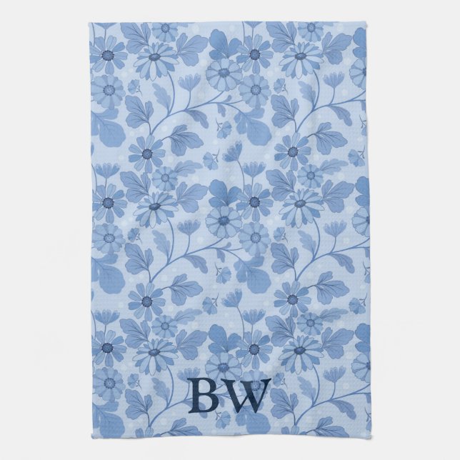 Monogram Light Blue and Navy Floral Pattern Kitchen Towel (Vertical)
