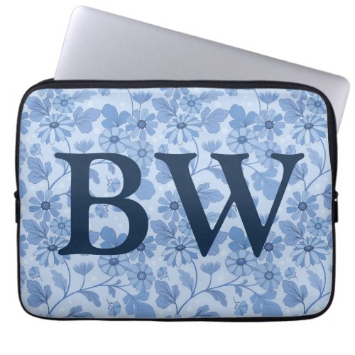 Monogram Light Blue and Navy Floral Pattern Laptop Sleeve