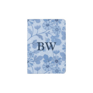 Monogram Light Blue and Navy Floral Pattern Passport Holder