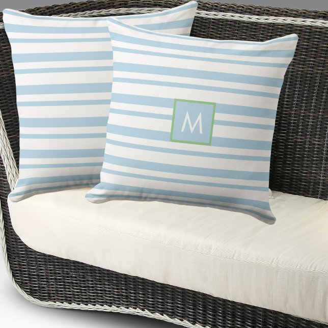 Monogram Light Blue and White Stripes Beach House Throw Pillow (Creator Uploaded)
