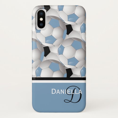 Monogram Light Blue Black Soccer Ball Pattern iPhone X Case