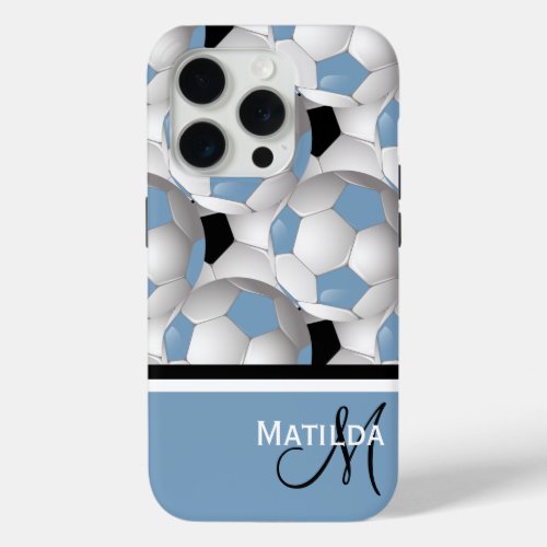 Monogram Light Blue Black Soccer Ball Pattern iPhone 15 Pro Case