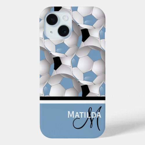 Monogram Light Blue Black Soccer Ball Pattern iPhone 15 Case