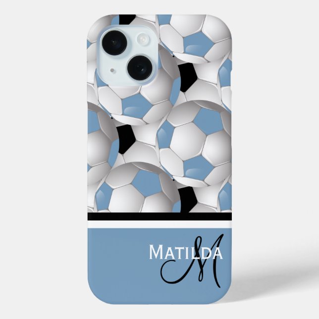 Monogram Light Blue Black Soccer Ball Pattern Case-Mate iPhone Case (Back)
