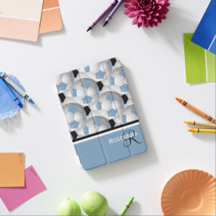 Monogram Light Blue Black Soccer Ball Pattern iPad Mini Cover