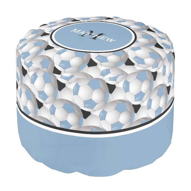 Monogram Light Blue Black Soccer Ball Pattern Pouf (Angled Back)