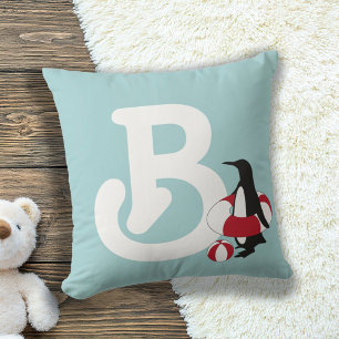 Monogram Light Blue Cute Penguin Cartoon Kids Throw Pillow