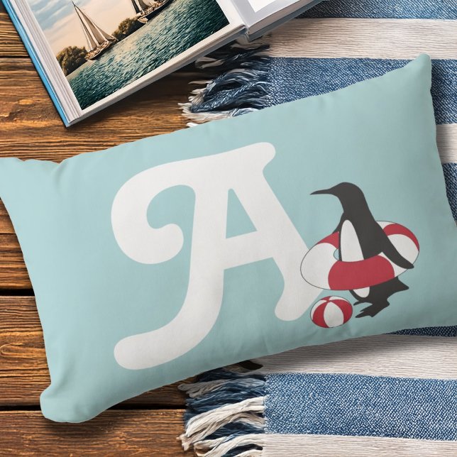 Monogram Light Blue Cute Penguin Kids Outdoor Lumbar Pillow (Creator Uploaded)